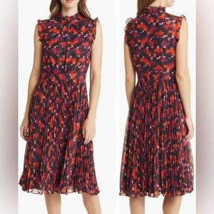 Maggy London Pleated Ruffle Cap Sleeve Midi Dress